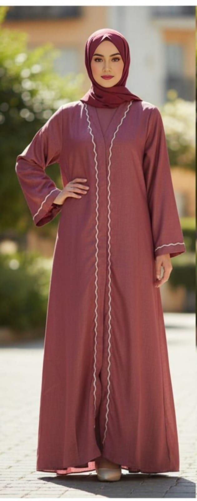 Rose Dusk Button Abaya | Elegant Contrast Piping Design