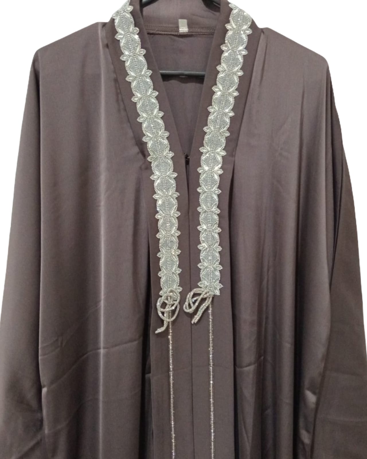 Majestic Taupe Silk Abaya | Silver Lace Luxury Design