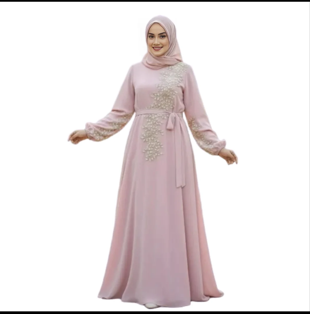 Pink Embroidered Closed Abaya