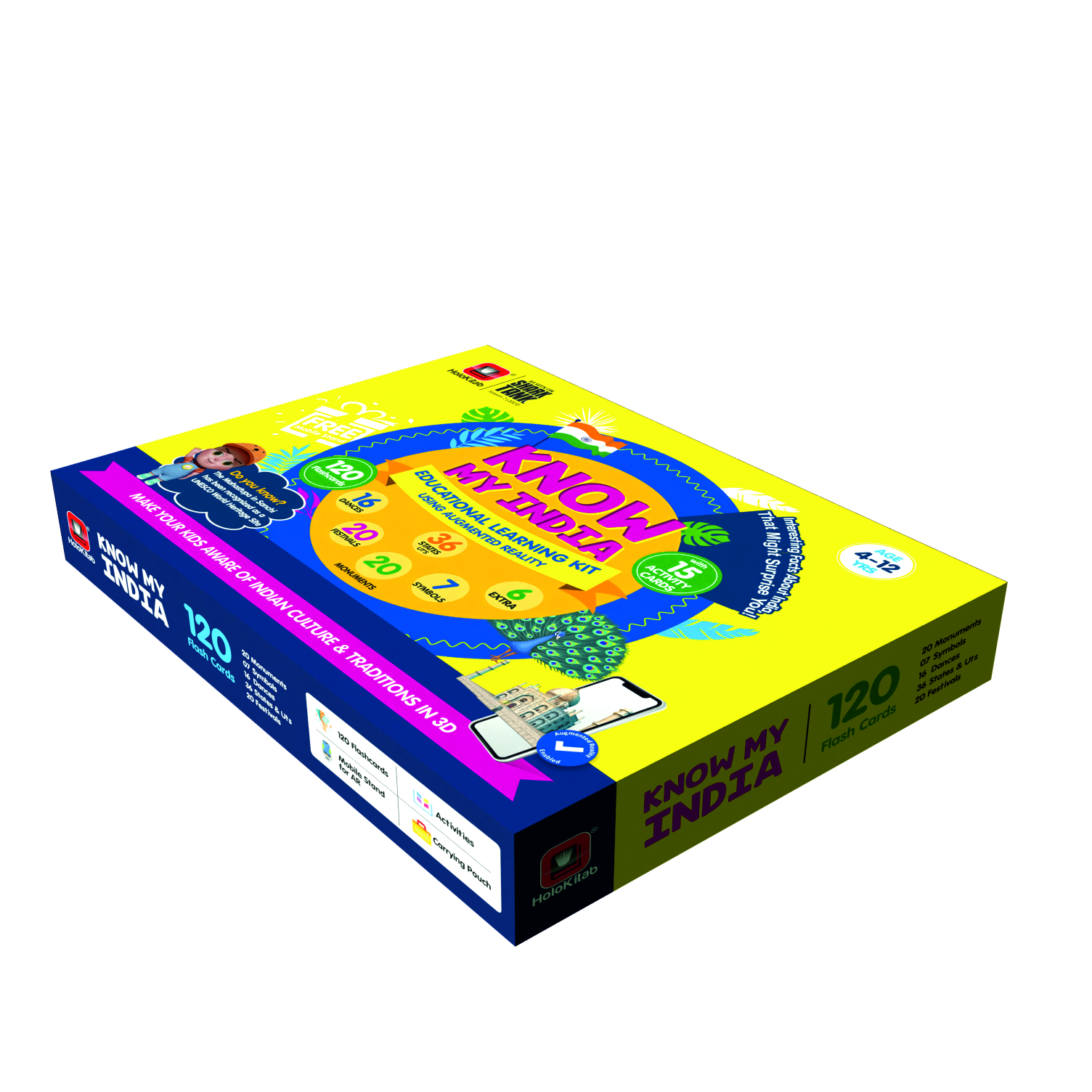 HoloKitab Combo Know my India Smart Learning Kit for Kids. Learn about Indian Dances, Monuments, Festivals, States UTs & National Symbols | 120 Flashcards | Activity Cards | AR Enabled | 4- 14 Yrs