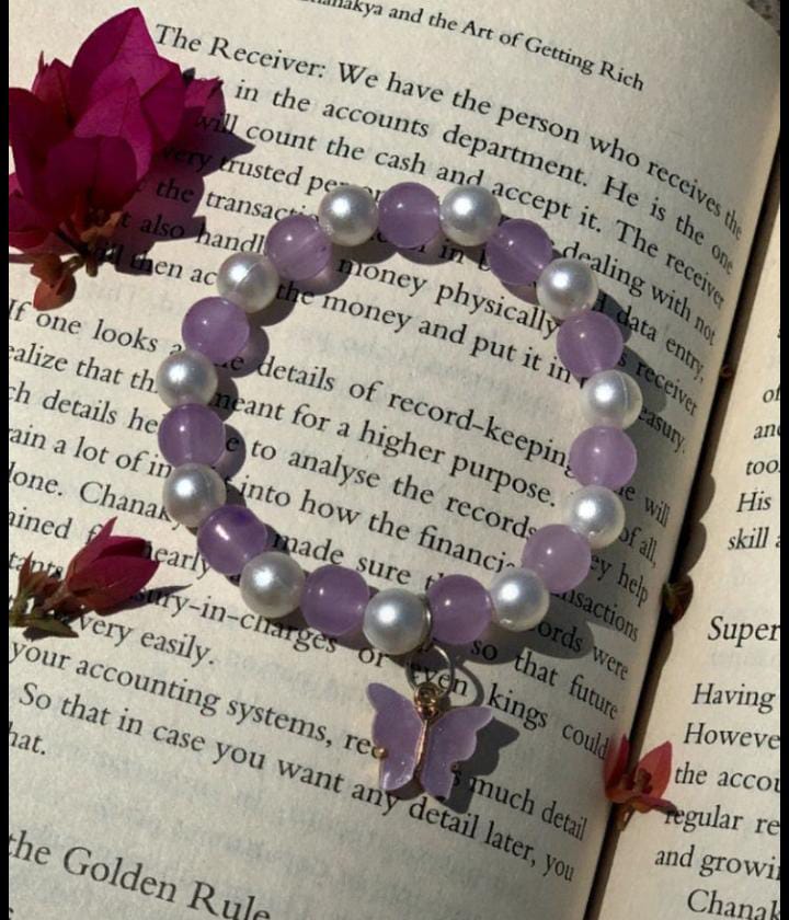 Purple Beaded Butterfly Charm Bracelet