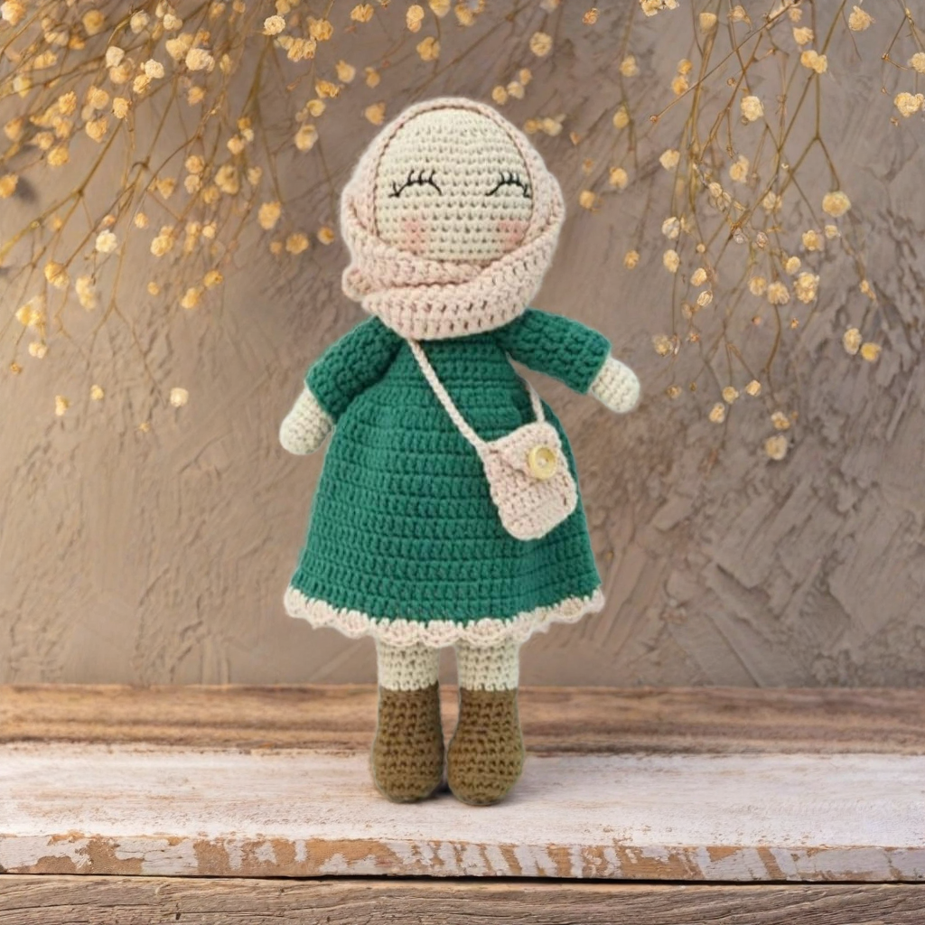 Handmade Crochet Muslim Hijab Doll with Removable Dress in Dark Green