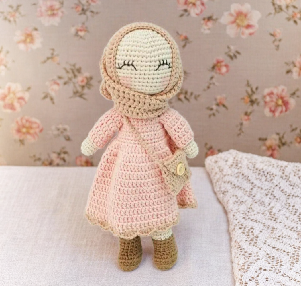 Handmade Crochet Muslim Hijab Doll with Removable Dress in Pink