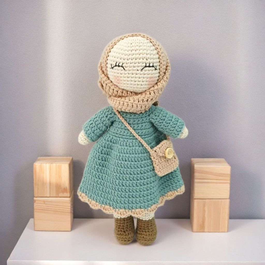 Handmade Crochet Muslim Hijab Doll with Removable Dress in Light Green