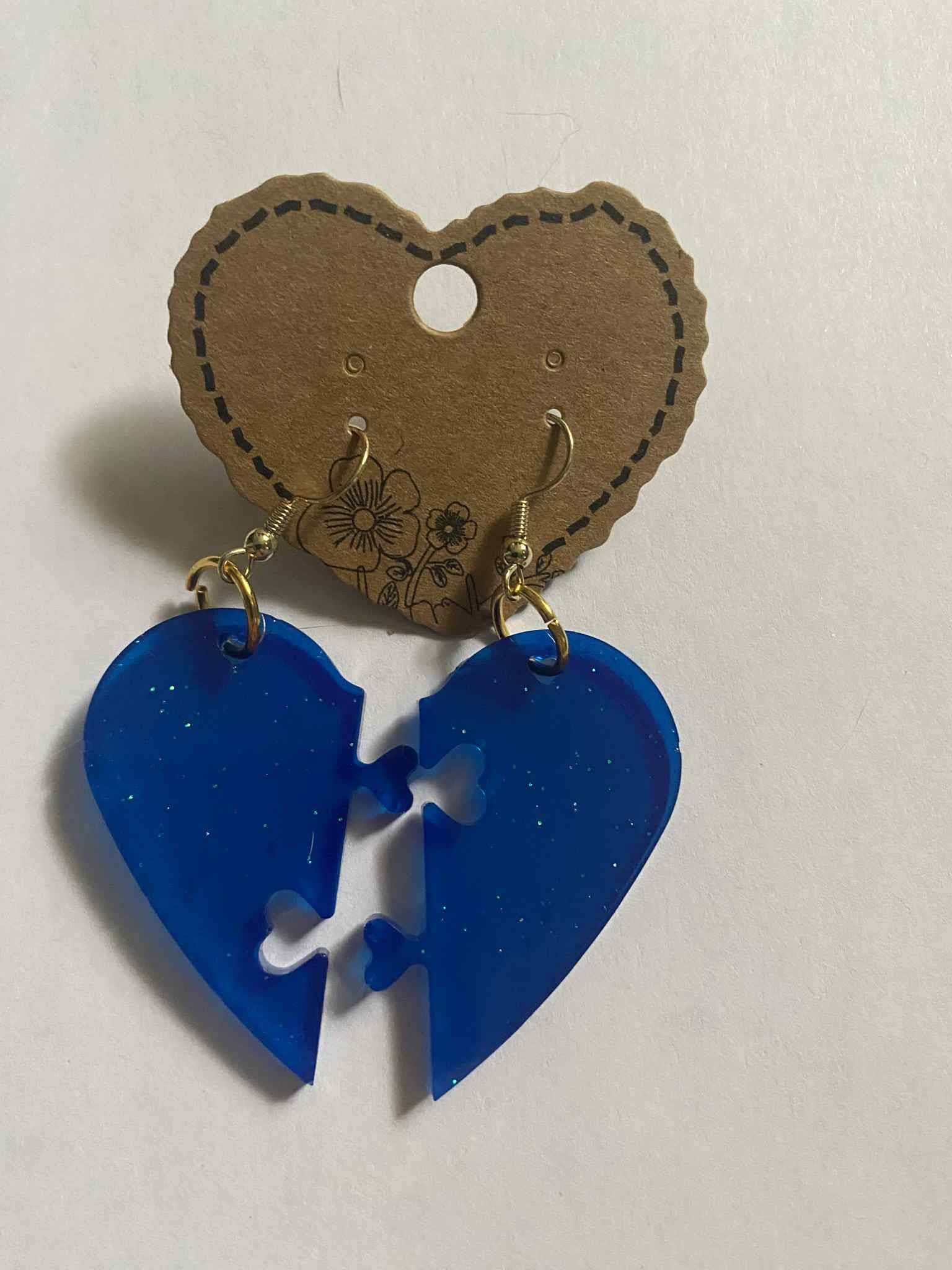 Blue Puzzle Heart Earrings