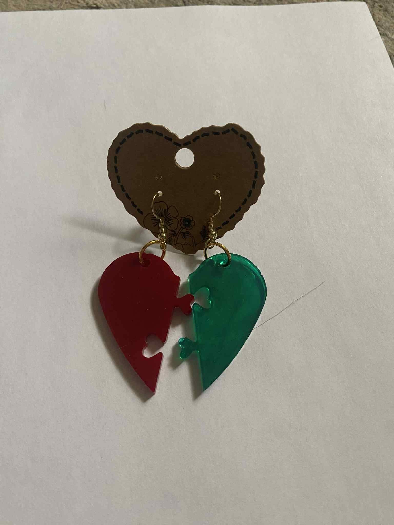 Red and Green Puzzle Heart Earrings