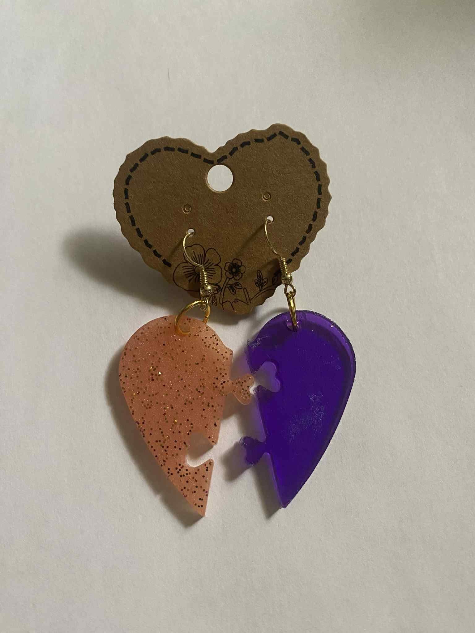 Pink and Purple Puzzle Heart Earrings