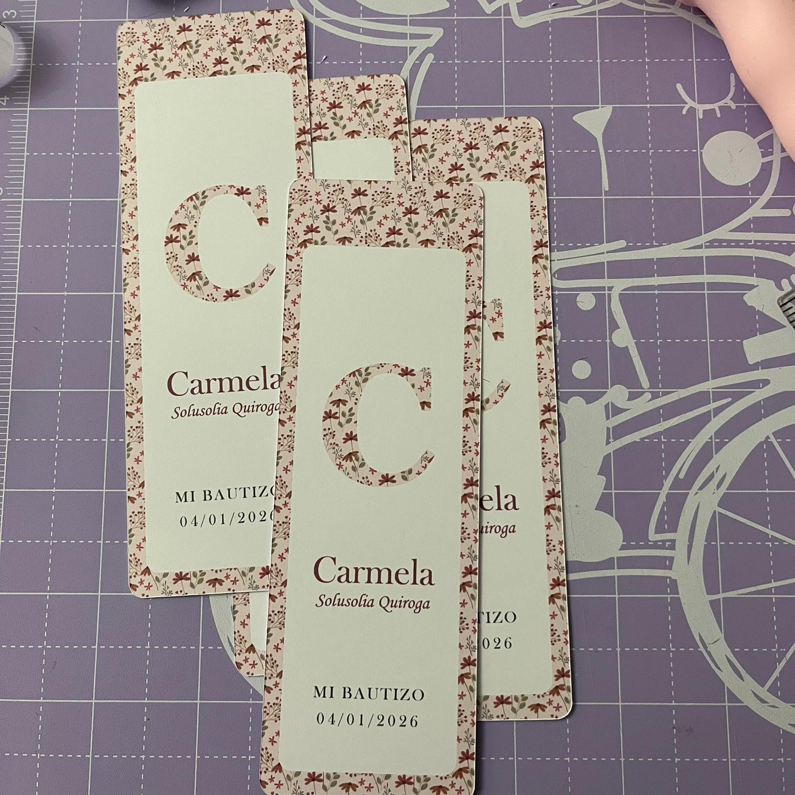 Tarjeta Carmela personalizados para bautizo