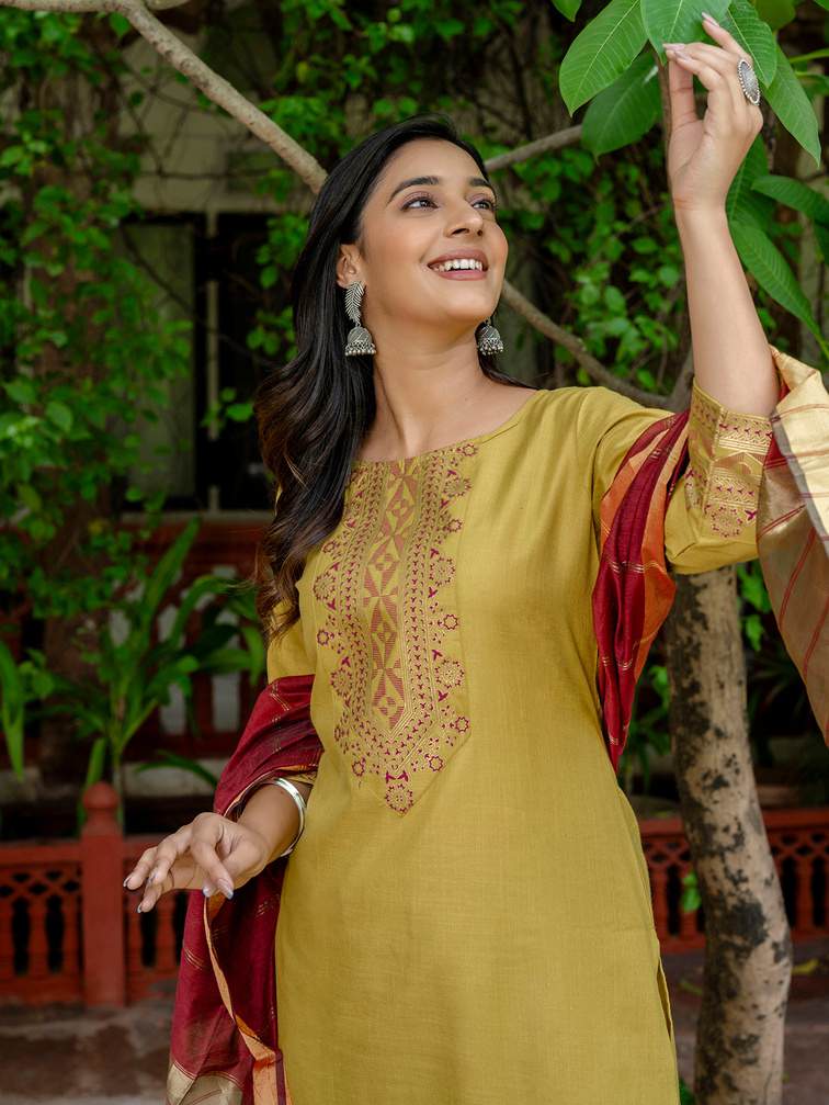 Embroidered Mustard Kurti Set