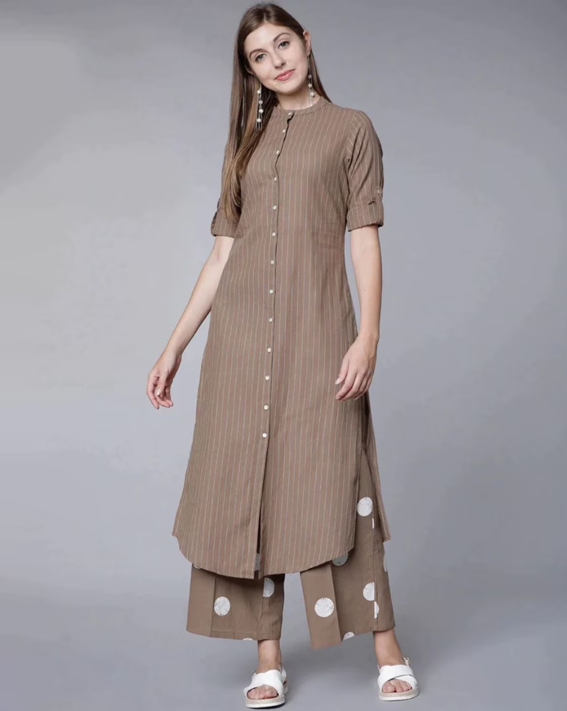 Brown Striped Long Kurti with Palazzo Pants