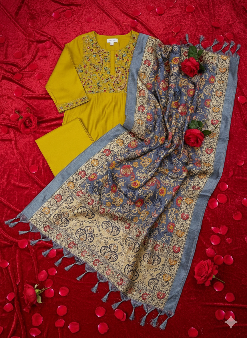 Embroidered Yellow Kurta with Printed Dupatta
