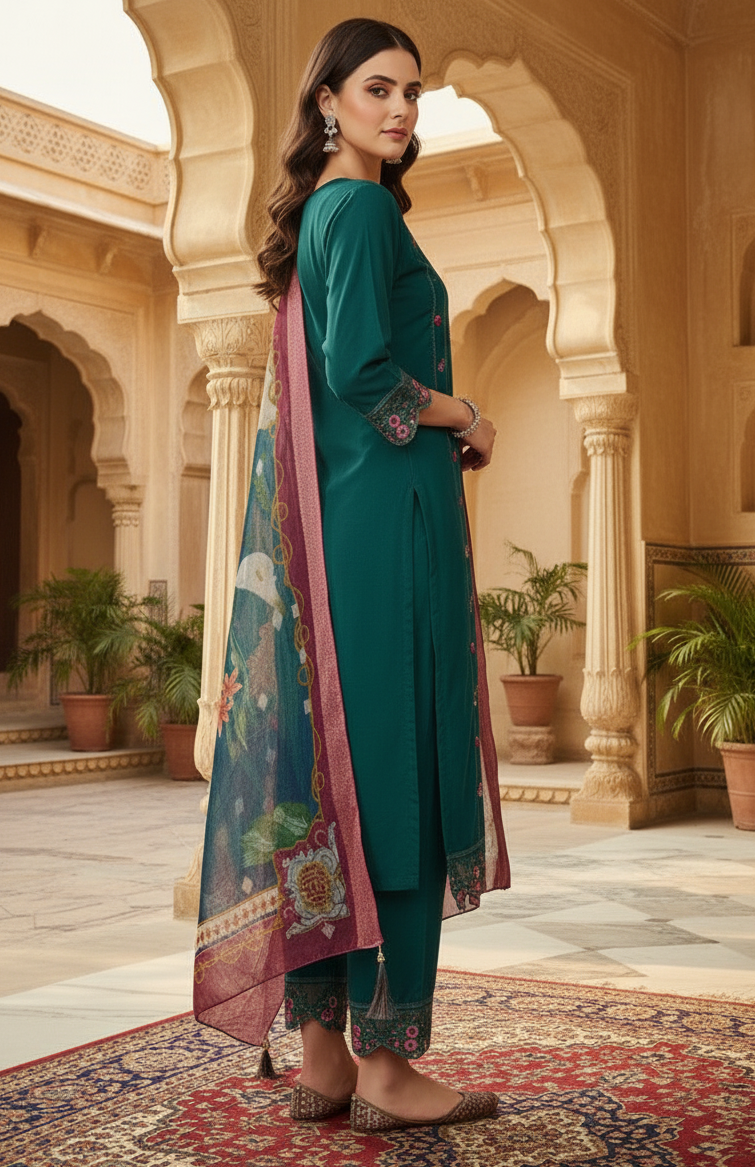 Embroidered Teal Cotton Salwar Suit