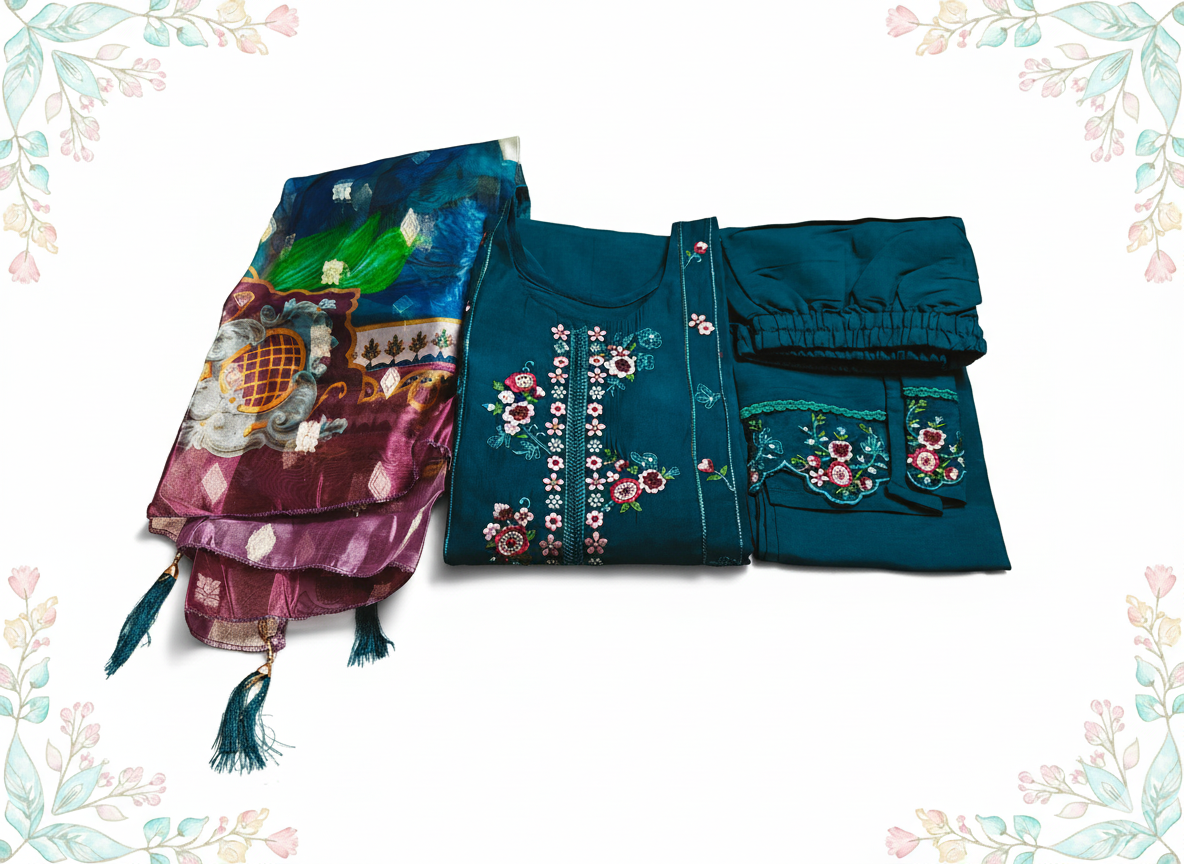 Embroidered Teal Cotton Salwar Suit