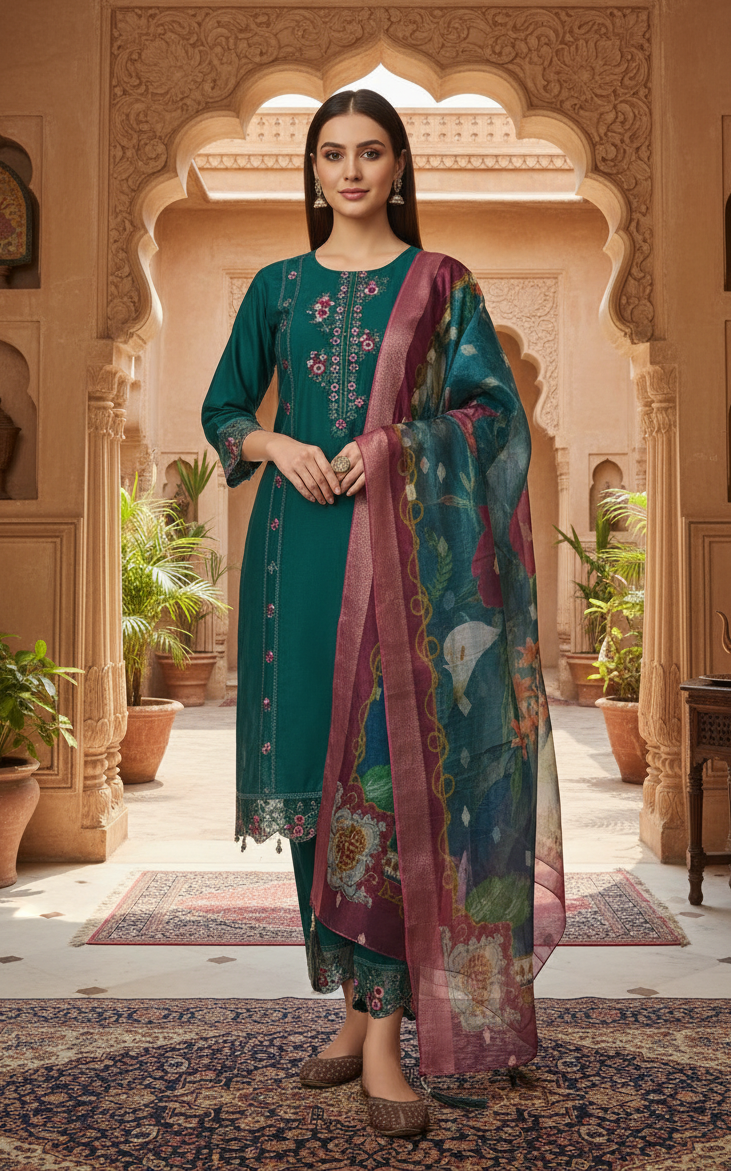 Embroidered Teal Cotton Salwar Suit