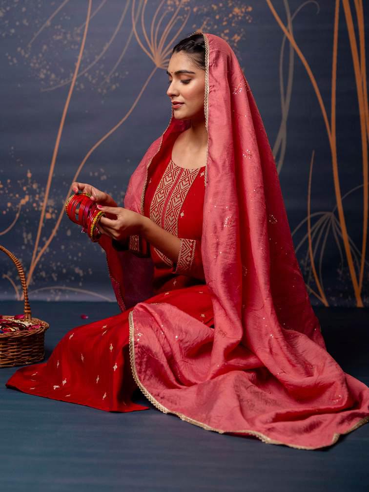 Embroidered Peach Salwar Suit with Dupatta