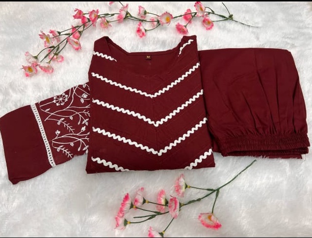 Embroidered Maroon Kurta Set
