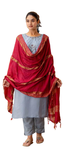 Traditional Three-Piece Suit with Red Dupatta
