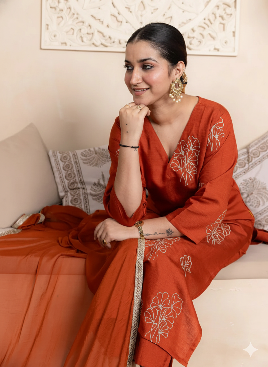 Rust Orange Embroidered silk blend Kurta Set pant with Dupatta