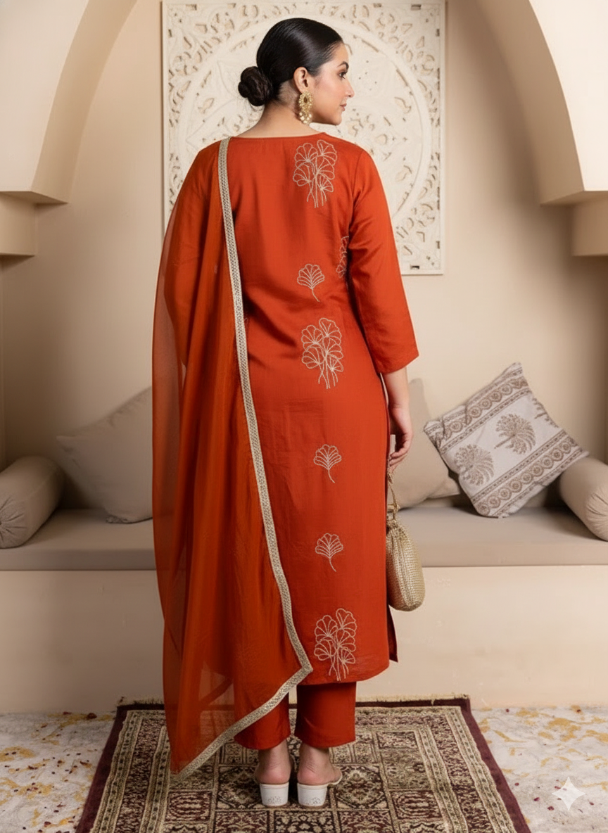 Rust Orange Embroidered silk blend Kurta Set pant with Dupatta