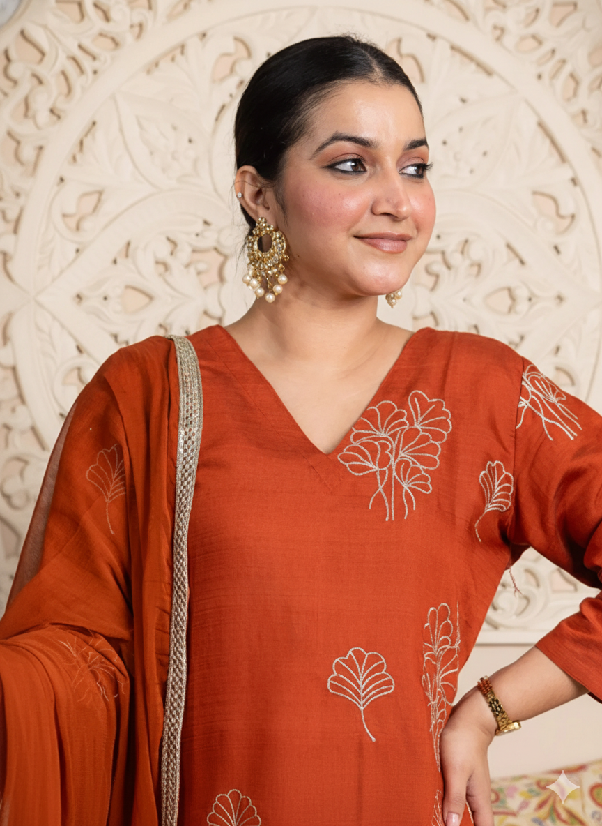 Rust Orange Embroidered silk blend Kurta Set pant with Dupatta