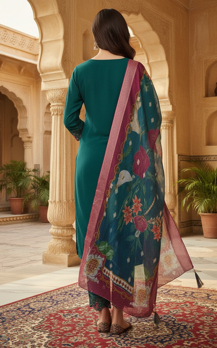 Embroidered Teal Cotton Salwar Suit