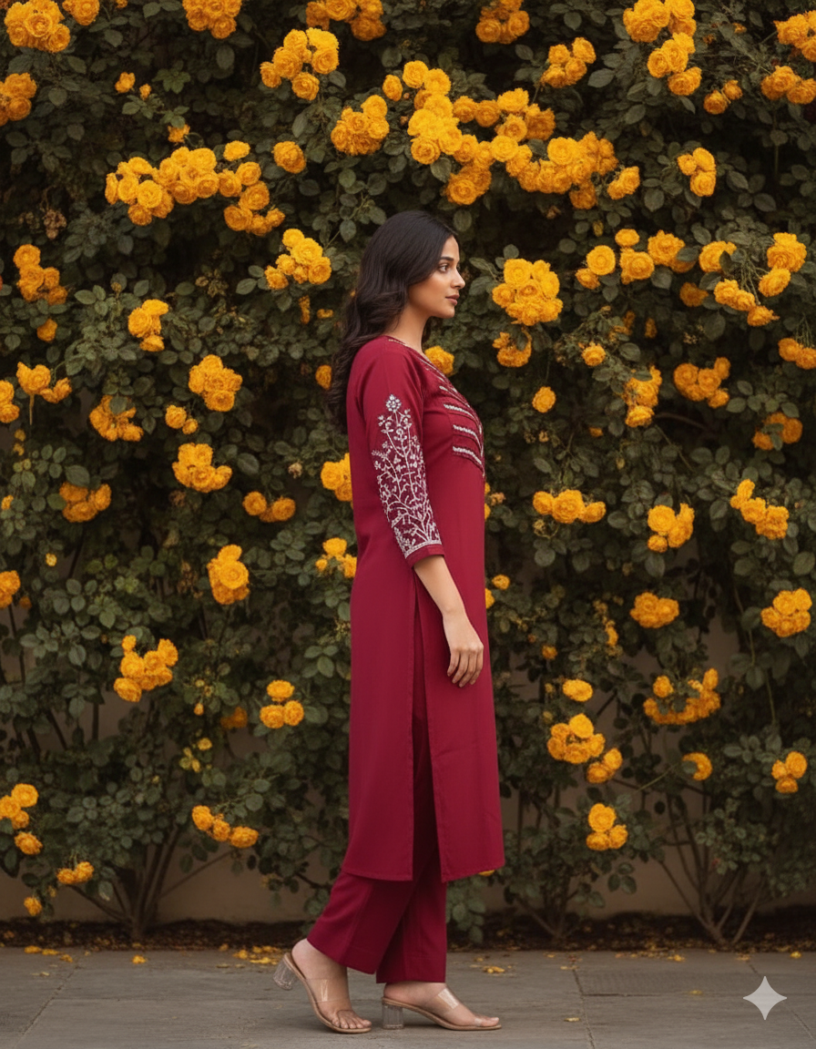 Embroidered Maroon Kurta Set