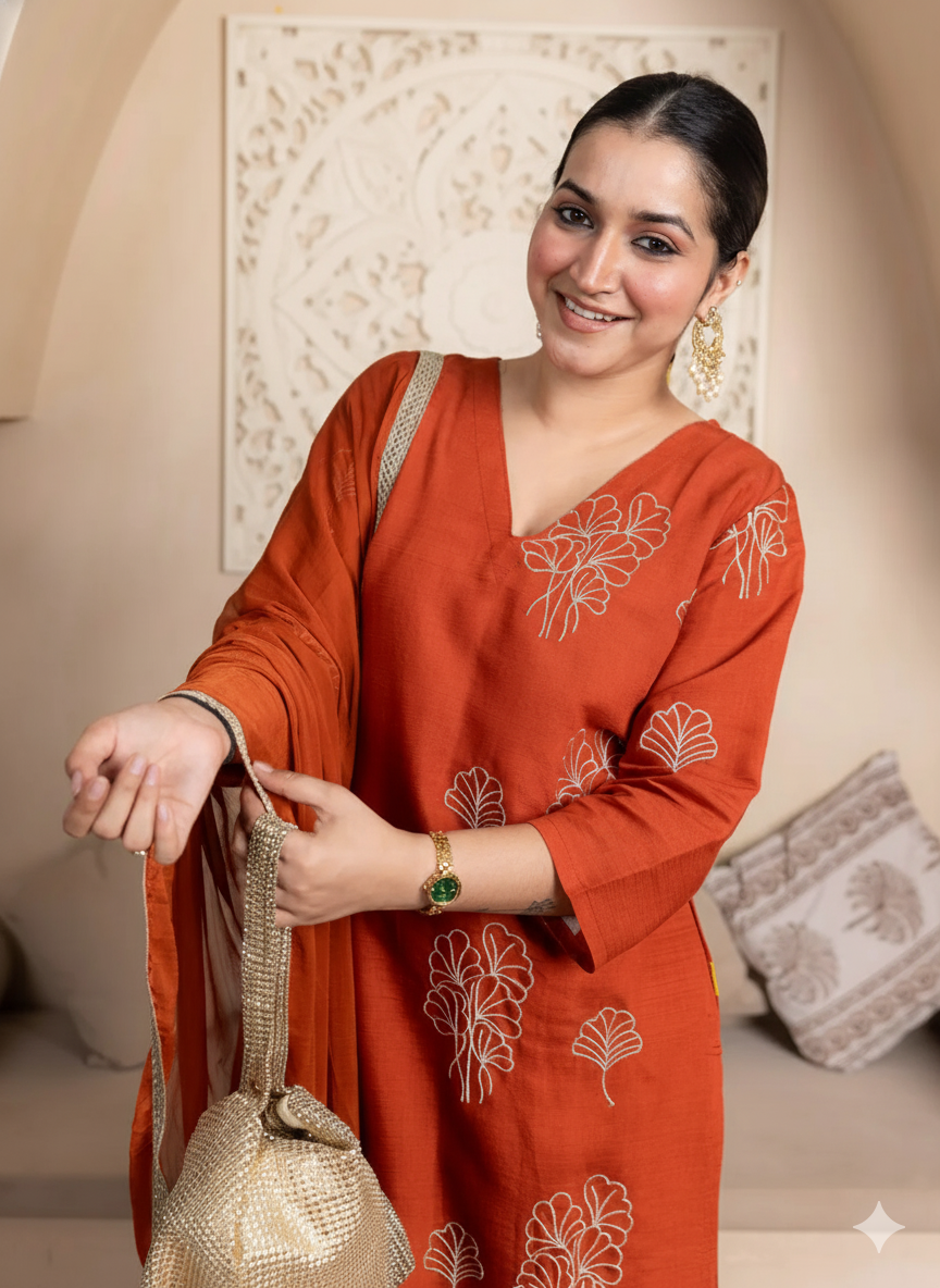 Rust Orange Embroidered silk blend Kurta Set pant with Dupatta