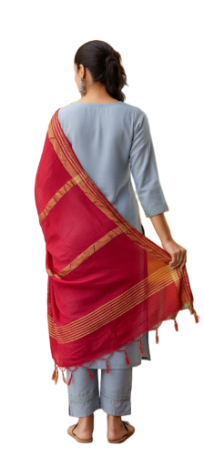 Traditional Three-Piece Suit with Red Dupatta