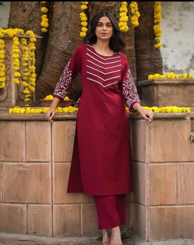 Embroidered Maroon Kurta Set