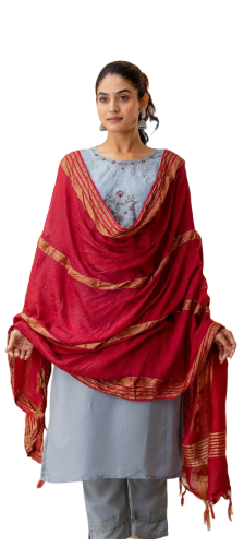 Traditional Three-Piece Suit with Red Dupatta