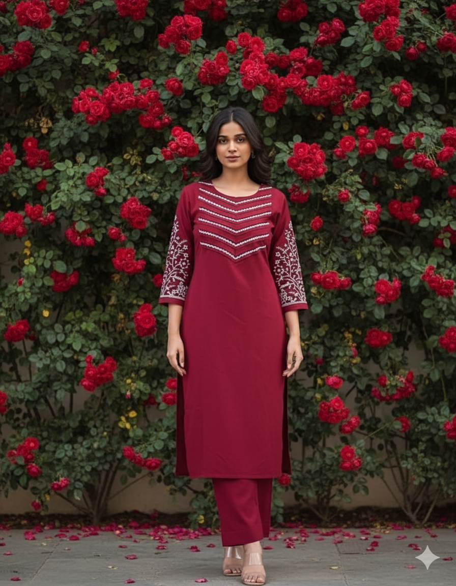 Embroidered Maroon Kurta Set