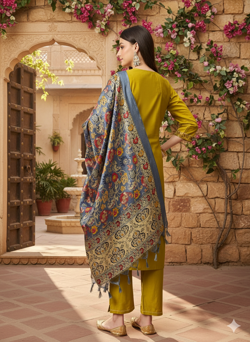 Embroidered Yellow Kurta with Printed Dupatta