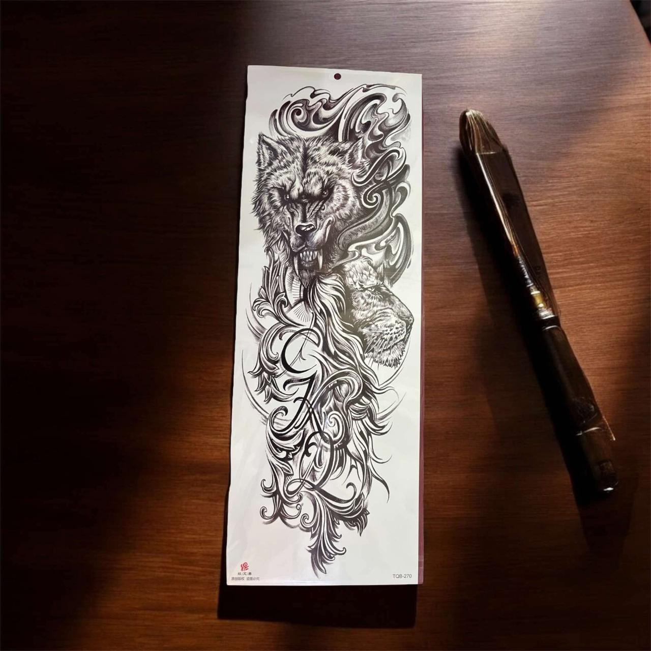 wolf and lion full arm tattoo