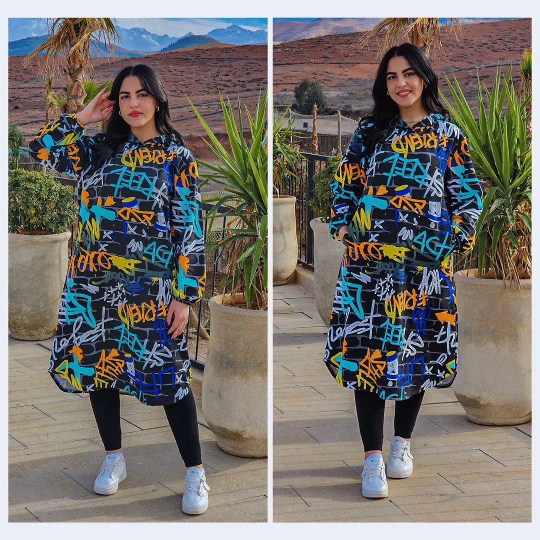 فستان كاجوال بطبعات جرافيتي كابيتش طويل اوفر سايز Capetch moti