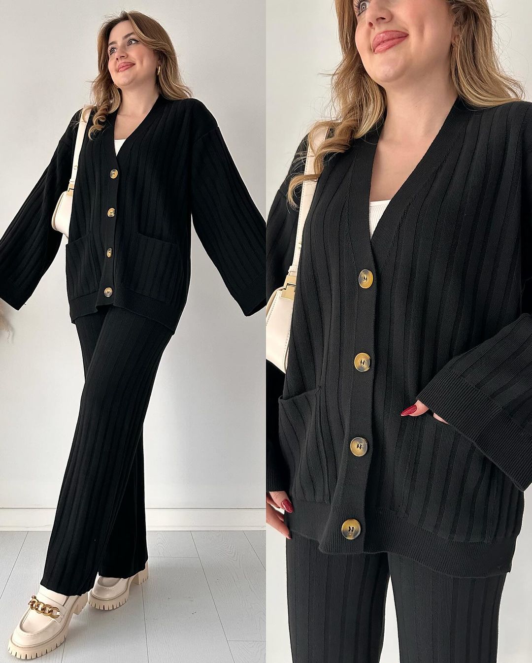 طقم بليزر وبنطلون أسود Ensemble Polo avec col chemis Tissu la laine