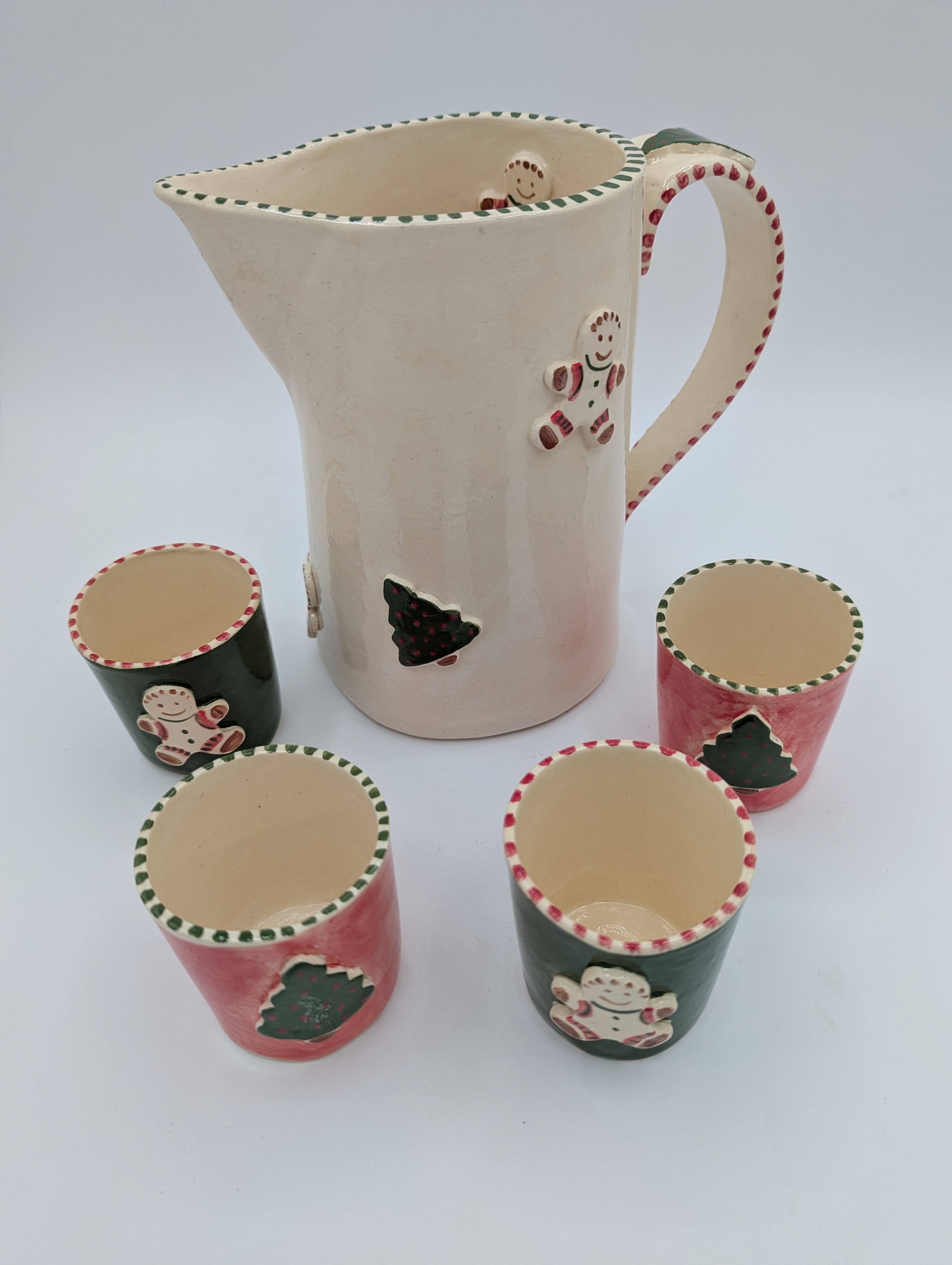Christmas Themed Egg Nog Pitcher with Four Cups