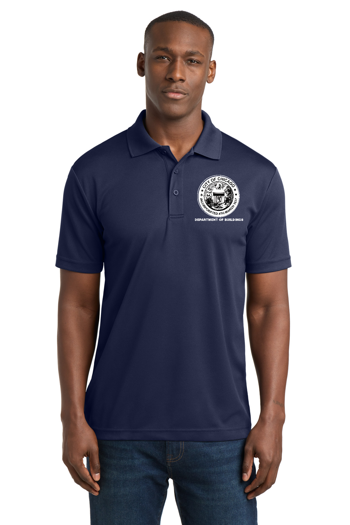 City of Chicago Department of Buildings Polo Shirt - Navy Blue with front & back white logo