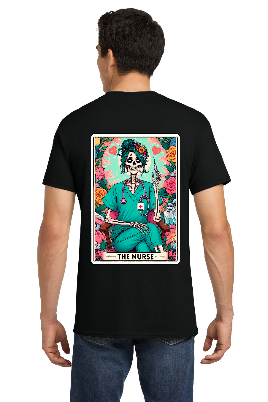Front ER heartbeat left chest logo with skull nurse loteria shirt on back of t-shirt