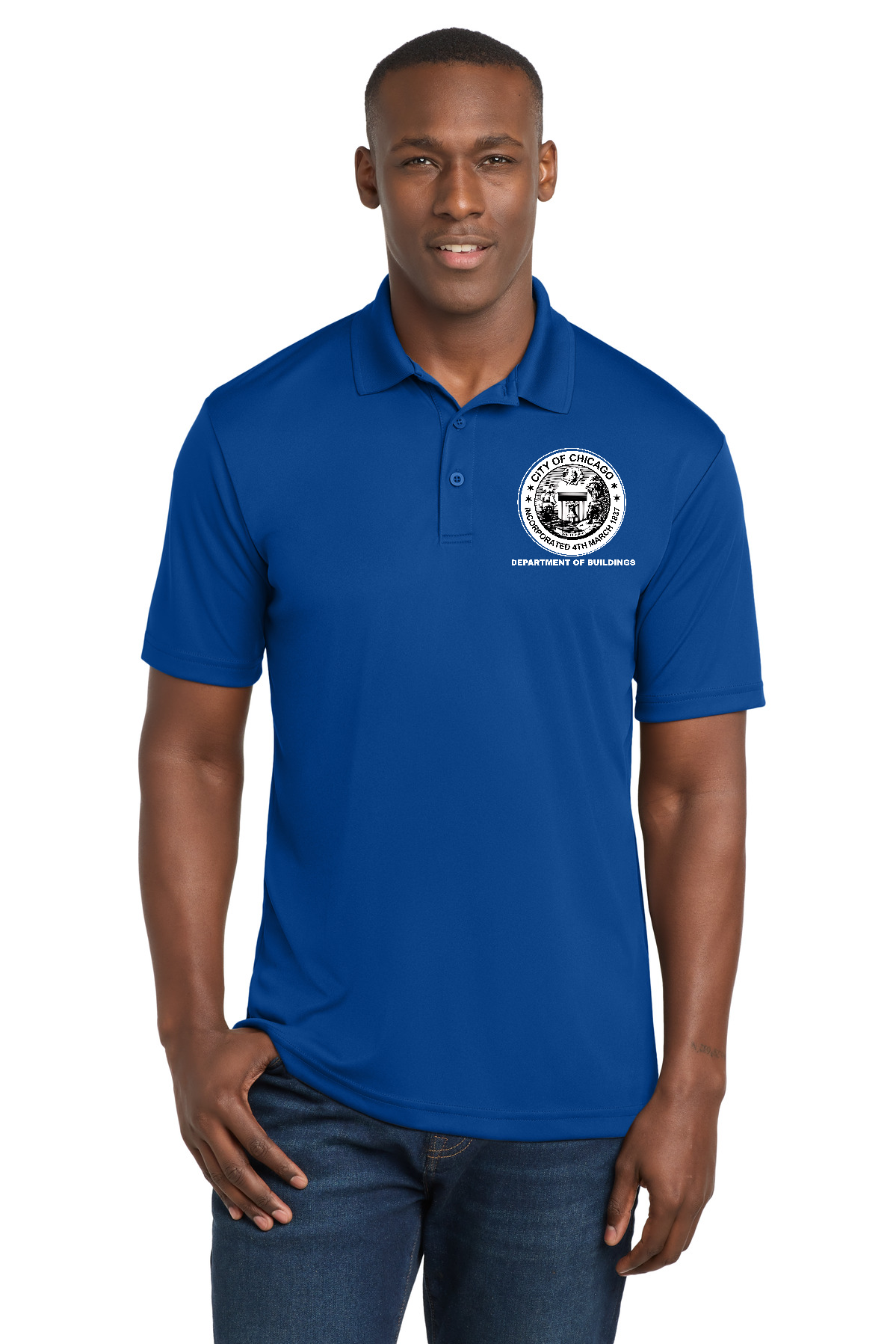 City of Chicago Department of Buildings Polo Shirt - Royal Blue Polo with Front Back white logo