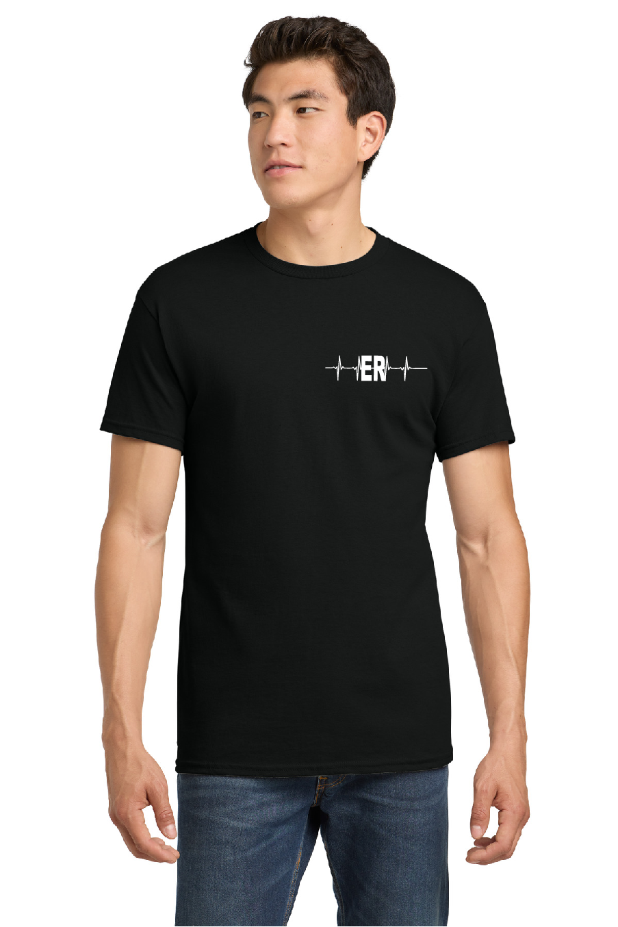 Front ER heartbeat left chest logo with skull nurse loteria shirt on back of t-shirt