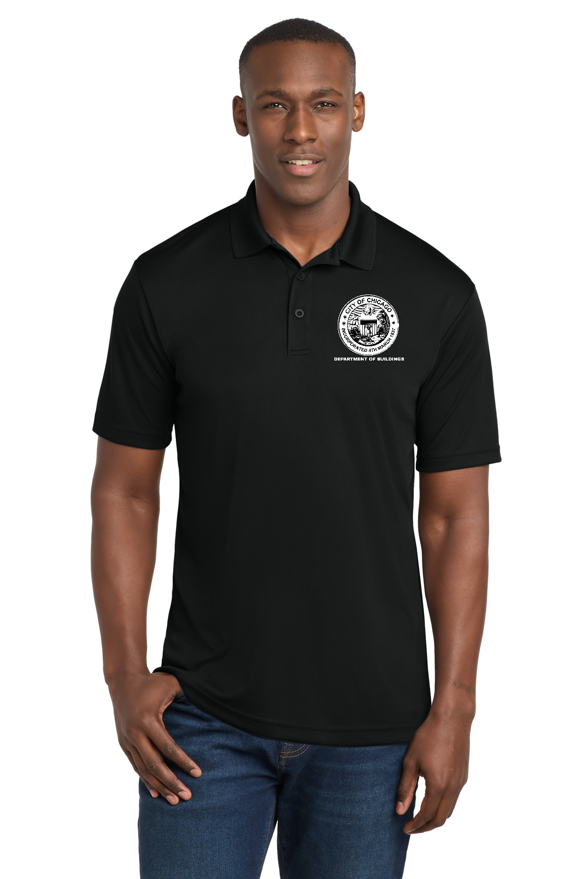 City of Chicago Department of Buildings Polo Shirt - Black front & back white Logo