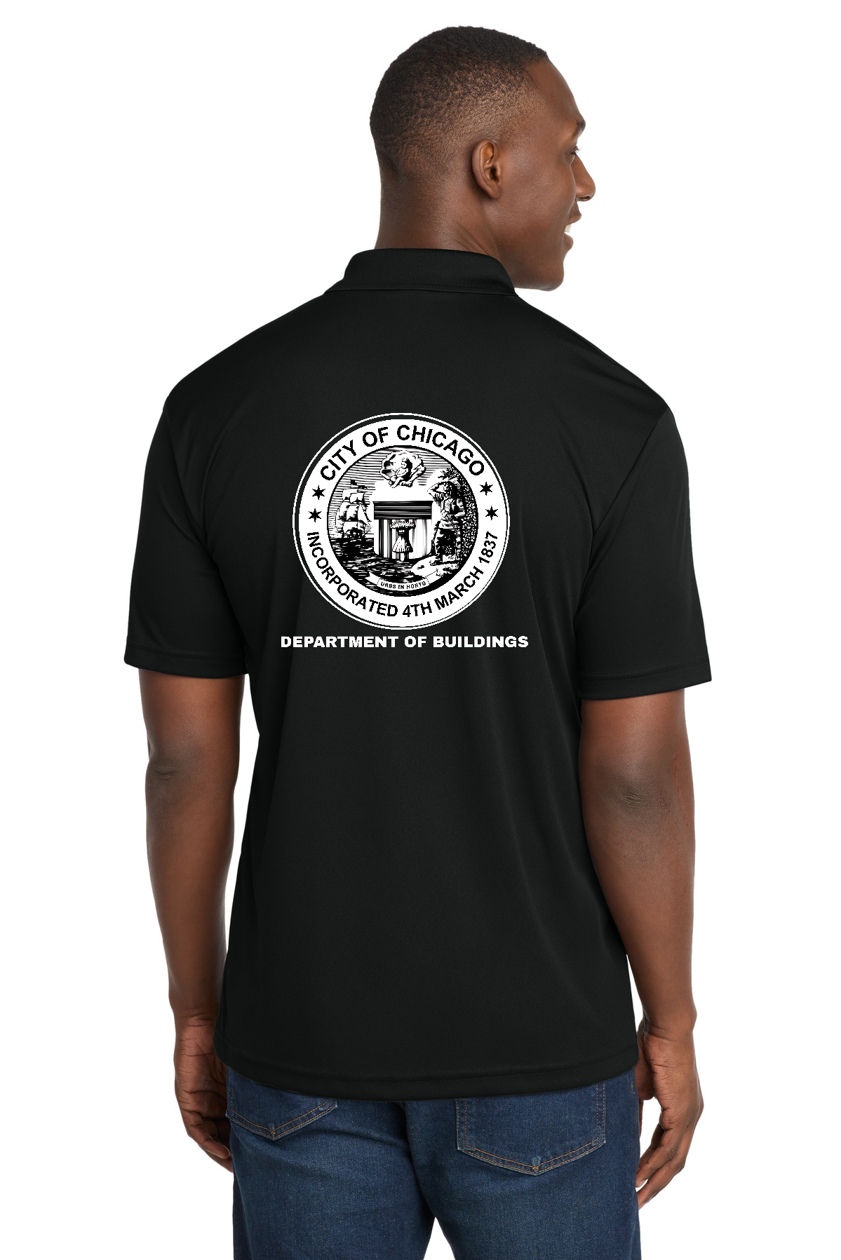 City of Chicago Department of Buildings Polo Shirt - Black front & back white Logo