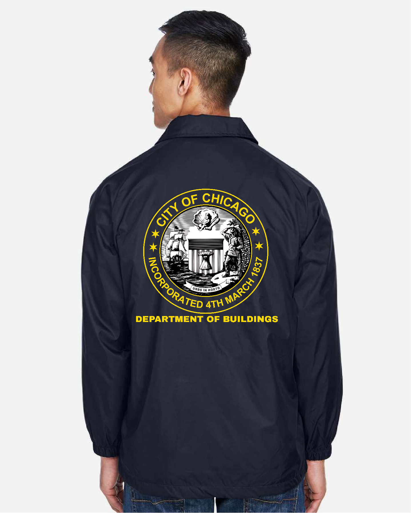 City of Chicago Department of Buildings Jacket - Navy with front & back yellow logo