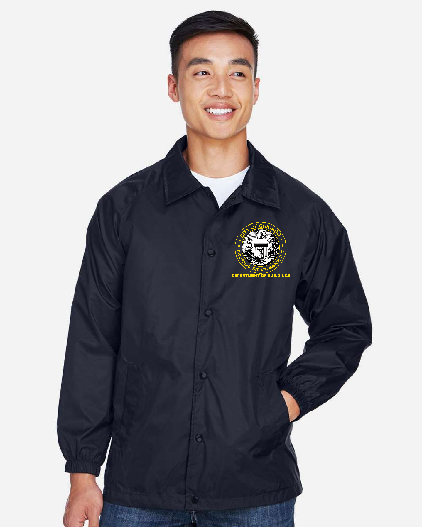 City of Chicago Department of Buildings Jacket - Navy with front & back yellow logo