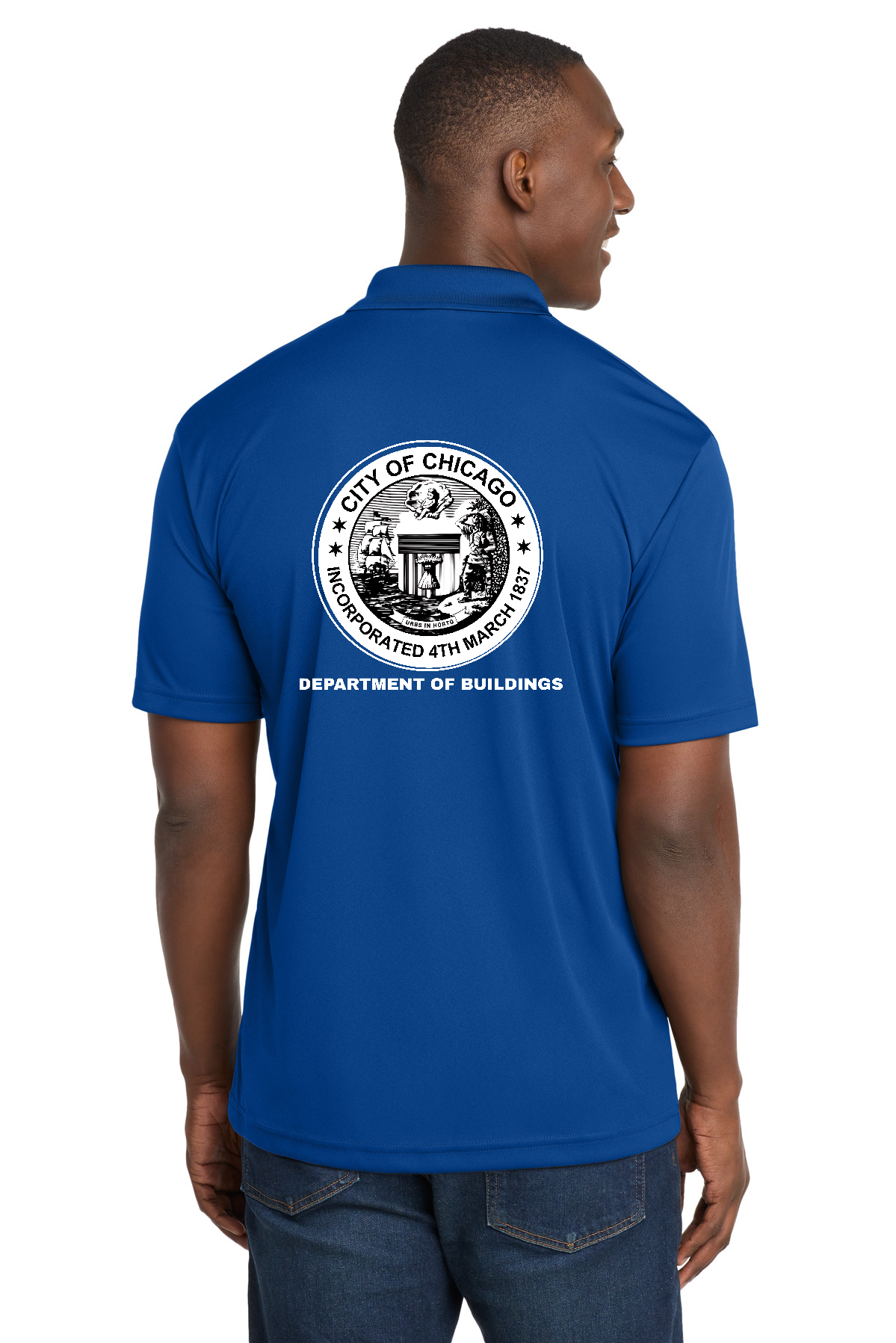 City of Chicago Department of Buildings Polo Shirt - Royal Blue Polo with Front Back white logo