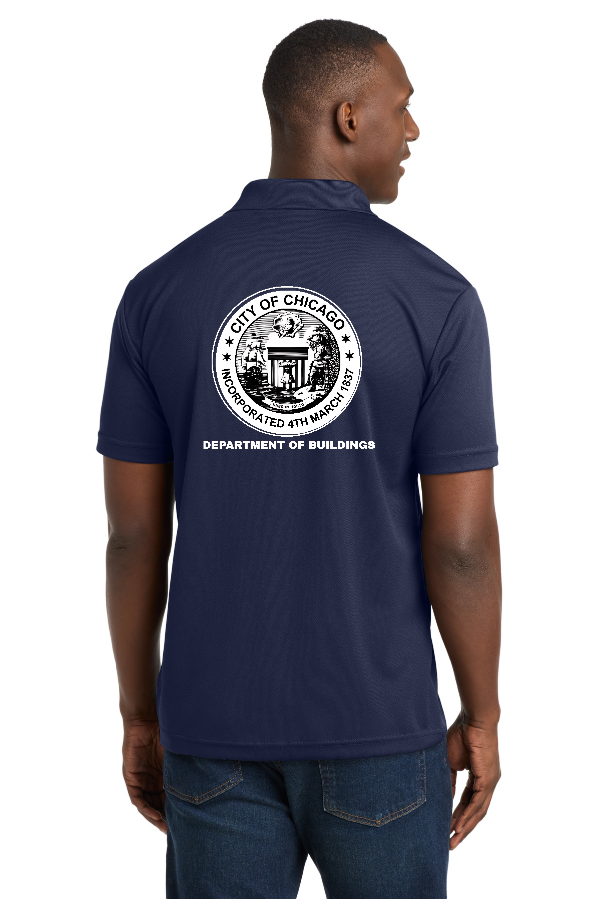 City of Chicago Department of Buildings Polo Shirt - Navy Blue with front & back white logo