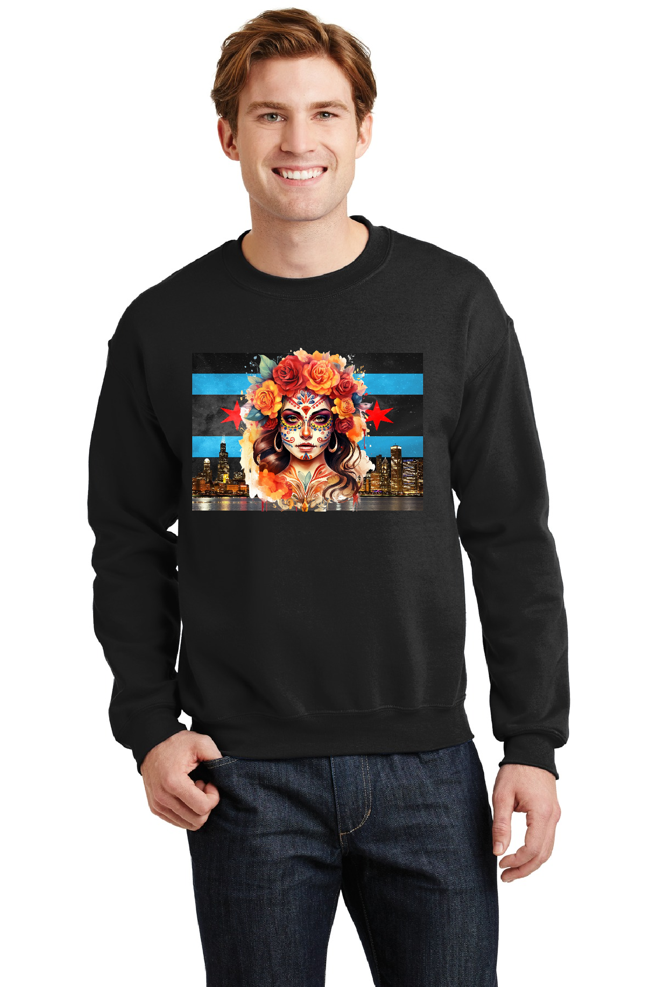 Black Crewneck Sweater -Chicago - Catrina Art Graphic Sweatshirt - Gildan 18000