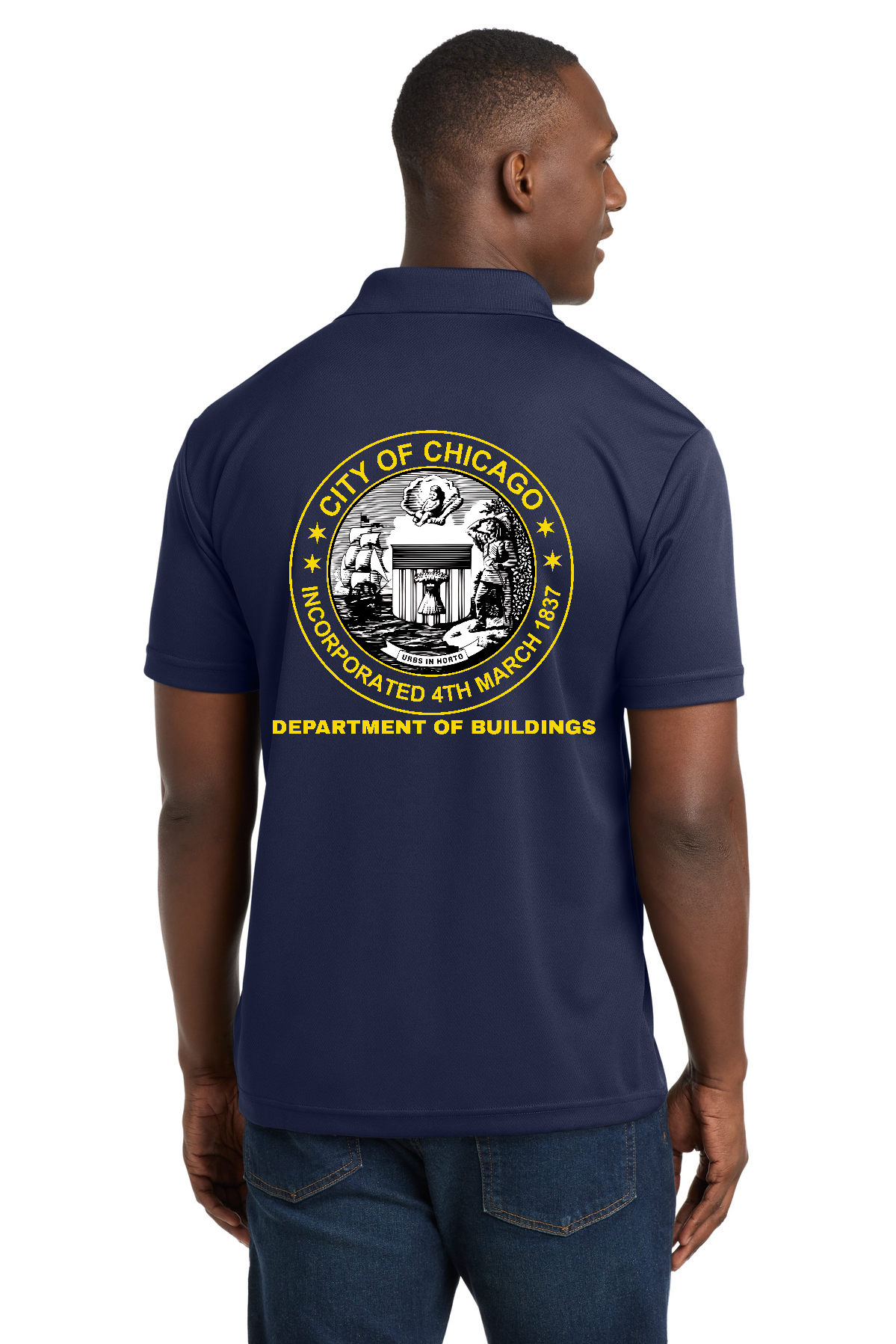 City of Chicago Department of Building Polo Shirt - Navy Yellow front & back logo