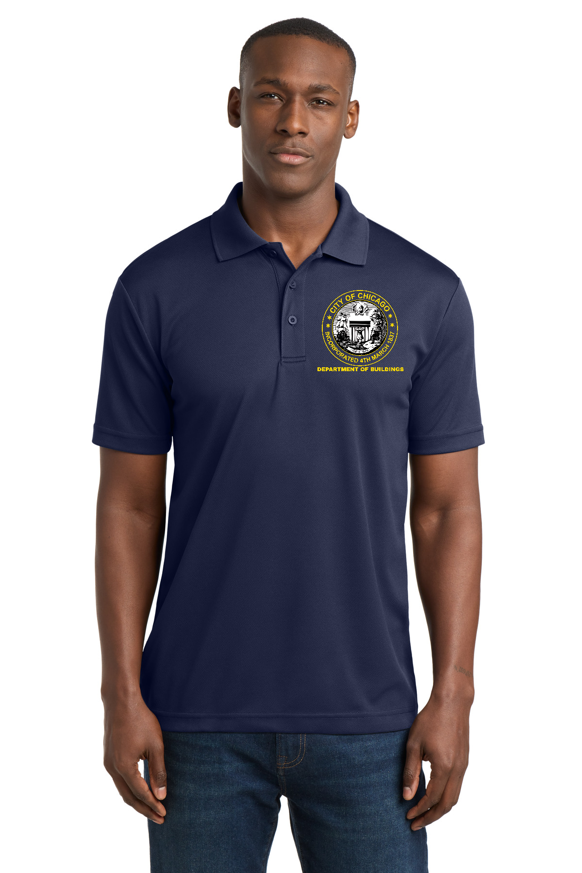 City of Chicago Department of Building Polo Shirt - Navy Yellow front & back logo