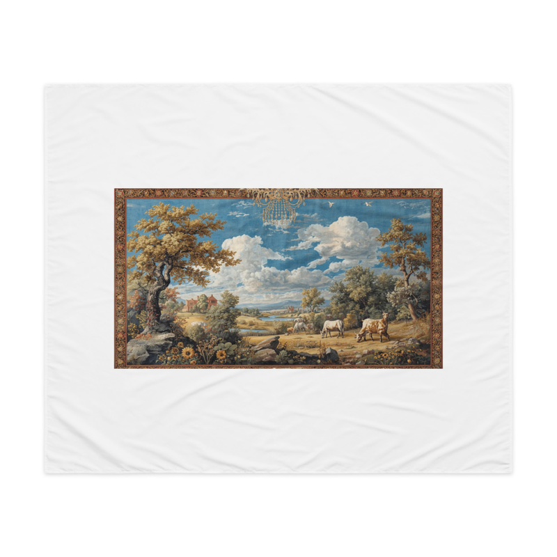 Indoor wall tapestry - A richly detailed indoor wall tapestry, woven with intricate patterns and vibrant threads, depicting a serene pastoral landscape under a clear blue sky.